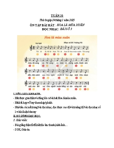 Kế hoạch bài dạy Âm Nhạc 2 - Tuần 20: Ôn tập bài hát: Hoa lá mùa xuân. Đọc nhạc: Bài số 3 (NH 2024-2025)(GV: Trần Trọng Tuyến)