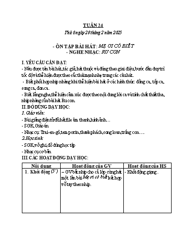 Kế hoạch bài dạy Âm Nhạc 2 - Tuần 24: Ôn tập bài hát: Mẹ ơi có biết. Nghe nhạc: Ru con (NH 2024-2025)(GV: Trần Trọng Tuyến)