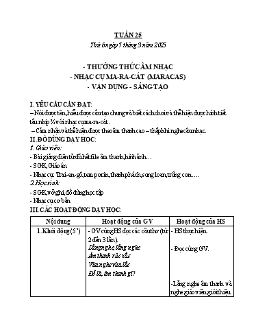 Kế hoạch bài dạy Âm Nhạc 2 - Tuần 25: Thường thức âm nhạc: Nhạc cụ Maracas. Vận dụng Sáng tạo (NH 2024-2025)(GV: Trần Trọng Tuyến)