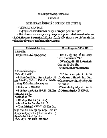 Kế hoạch bài dạy Âm Nhạc 3 - Tuần 18: Kiểm tra đánh giá cuối học kì I (Tiết 2)(NH 2024-2025)(GV: Trần Trọng Tuyến)