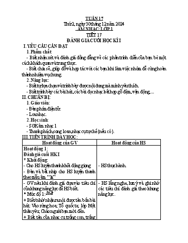 Kế hoạch bài dạy Âm Nhạc Tiểu Học (1-5) - Tuần 17 Năm học 2024-2025 (Trần Hoàng Yến)