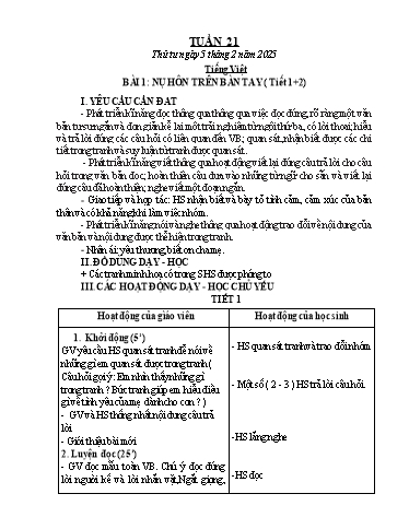 Kế hoạch bài dạy Chương trình Lớp 1 - Tuần 21 (NH 2024-2025)(GV: Nguyễn Thị Tố Nga)