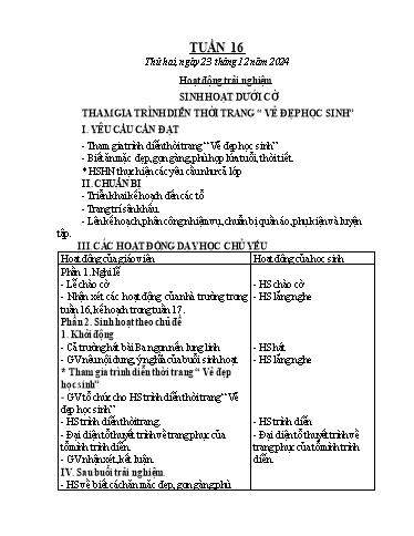 Kế hoạch bài dạy Chương trình Lớp 2 - Tuần 16 (NH 2024-2025)(GV: Đậu Thị Huyền)