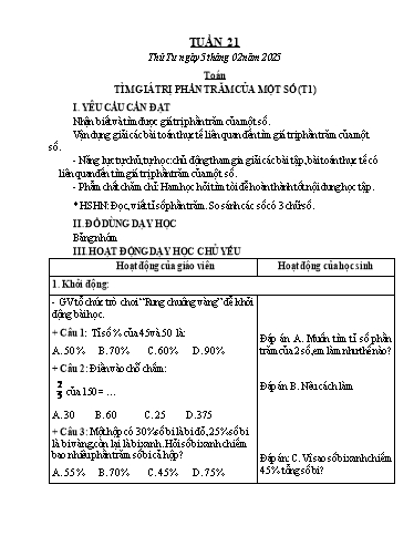 Kế hoạch bài dạy Chương trình Lớp 5 - Tuần 21 (NH 2024-2025)(GV: Nguyễn Thị Minh)