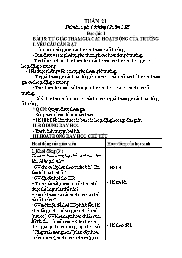 Kế hoạch bài dạy Đạo Đức 1+2, Âm Nhạc 1+4+5 - Tuần 21 (GV: Mai Thị Quang)