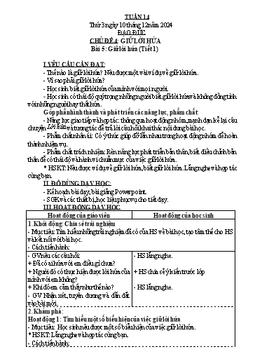 Kế hoạch bài dạy Đạo Đức 3 - Tuần 14, Bài 5: Giữ lời hứa (Tiết 1) NH 2024-2025 (GV: Trần Thị Thơi)