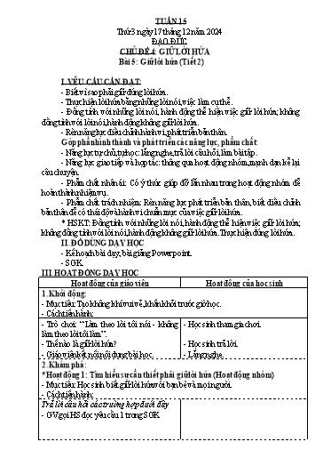 Kế hoạch bài dạy Đạo Đức 3 - Tuần 15, Bài 5: Giữ lời hứa (Tiết 2) NH 2024-2025 (GV: Trần Thị Thơi)