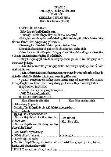 Kế hoạch bài dạy Đạo Đức 3 - Tuần 16, Bài 5: Giữ lời hứa (Tiết 3) NH 2024-2025 (GV: Trần Thị Thơi)