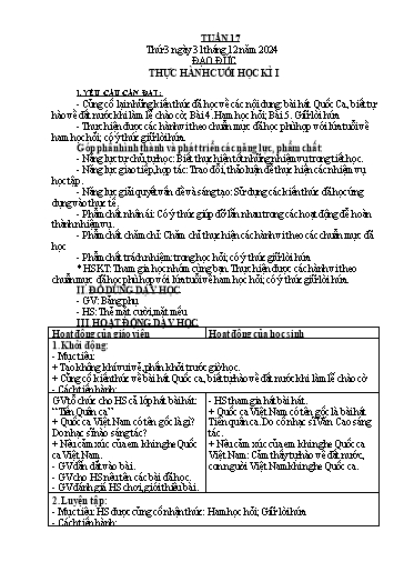 Kế hoạch bài dạy Đạo Đức 3 - Tuần 17: Thực hành cuối học kì I - NH 2024-2025 (GV: Trần Thị Thơi)