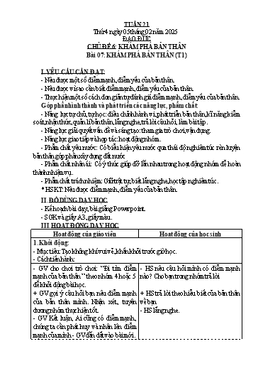 Kế hoạch bài dạy Đạo Đức 3 - Tuần 21, Bài 7: Khám phá bản thân (Tiết 1) NH 2024-2025 (GV: Trần Thị Thơi)