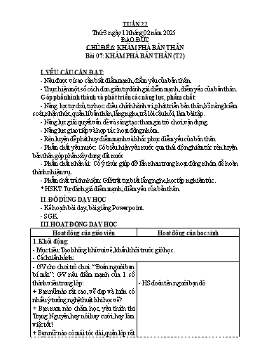 Kế hoạch bài dạy Đạo Đức 3 - Tuần 22, Bài 7: Khám phá bản thân (Tiết 2) NH 2024-2025 (GV: Trần Thị Thơi)