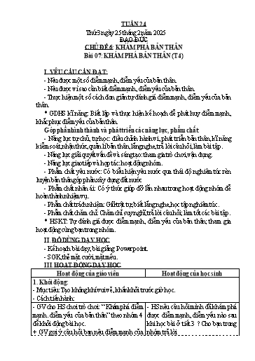 Kế hoạch bài dạy Đạo Đức 3 - Tuần 24, Bài 7: Khám phá bản thân (Tiết 4) NH 2024-2025 (GV: Trần Thị Thơi)