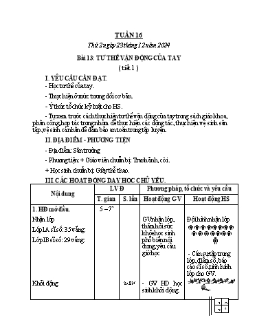 Kế hoạch bài dạy GDTC 1 - Tuần 16, Bài 13: Tư thế vận động của tay (Tiết 1+2)(NH 2024-2025)(GV: Trần Trọng Tuyến)