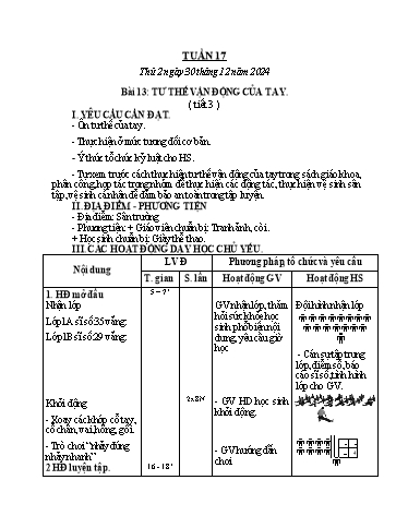 Kế hoạch bài dạy GDTC 1 - Tuần 17, Bài 13: Tư thế vận động của tay (Tiết 3)(NH 2024-2025)(GV: Trần Trọng Tuyến)
