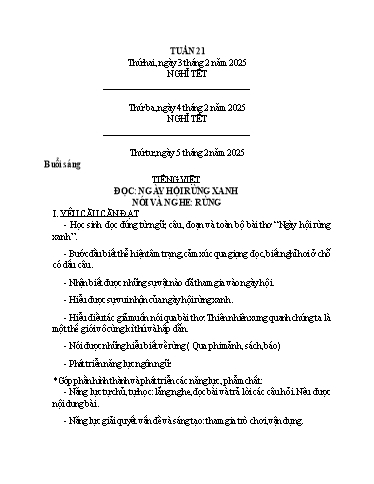 Kế hoạch bài dạy Lớp 3 - Tuần 21 Năm học 2024-2025 (Vi Thị Thính)