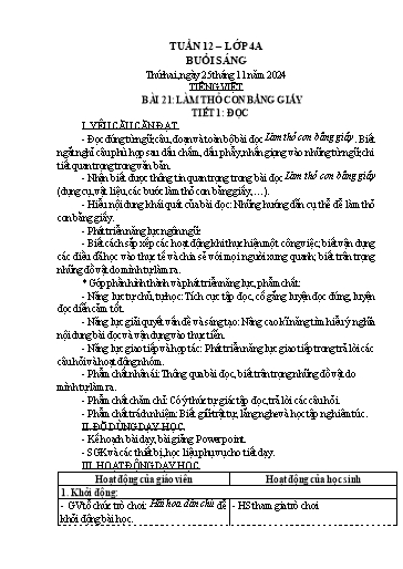 Kế hoạch bài dạy Lớp 4 - Tuần 12 Năm học 2024-2025 (Trần Liệu Hoa)