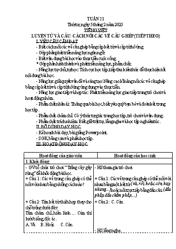 Kế hoạch bài dạy Lớp 5 - Tuần 21B Năm học 2024-2025 (Nguyễn Hồng Năng)