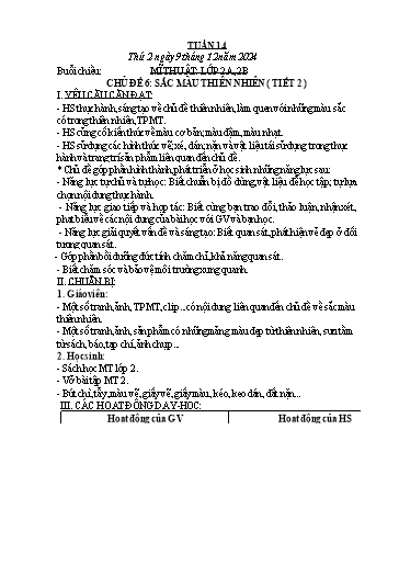 Kế hoạch bài dạy Mĩ Thuật Tiểu Học (1-5) - Tuần 14 Năm học 2024-2025 (Nguyễn Thị Vinh)