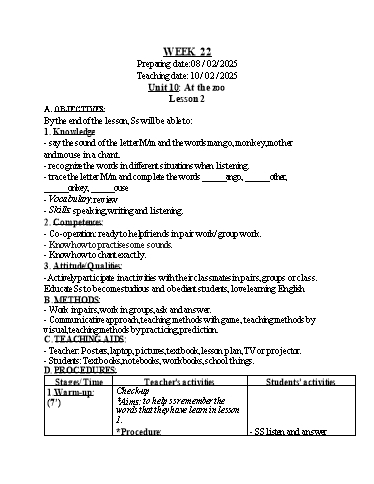 Kế hoạch bài dạy Tiếng Anh 1 - Tuần 22 (GV: Nguyễn Thị Bé)