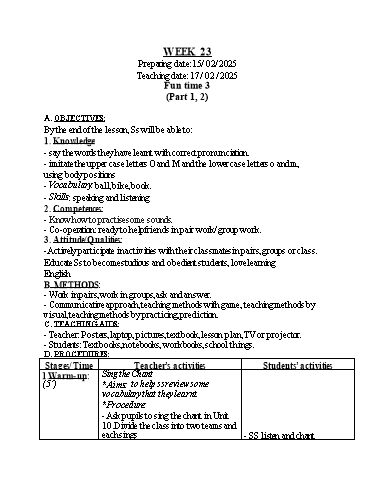 Kế hoạch bài dạy Tiếng Anh 1 - Tuần 23 (GV: Nguyễn Thị Bé)