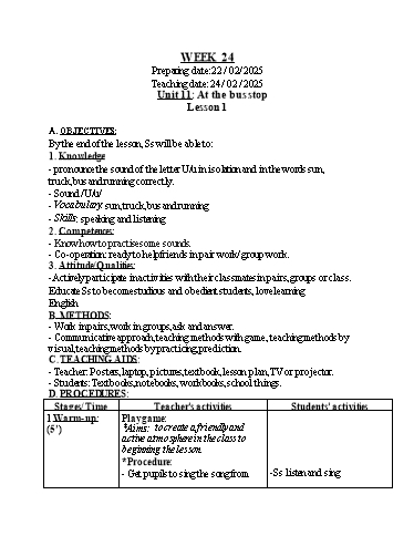 Kế hoạch bài dạy Tiếng Anh 1 - Tuần 24 (GV: Nguyễn Thị Bé)