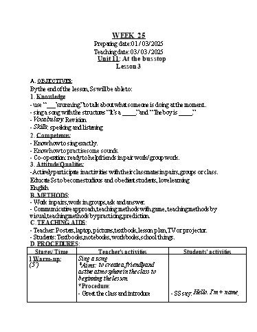 Kế hoạch bài dạy Tiếng Anh 1 - Tuần 25 (GV: Nguyễn Thị Bé)