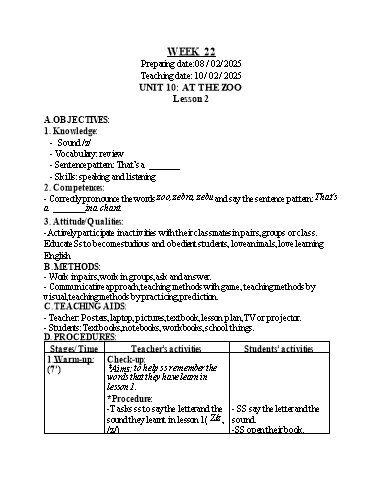 Kế hoạch bài dạy Tiếng Anh 2 - Tuần 22 (GV: Nguyễn Thị Bé)