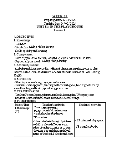 Kế hoạch bài dạy Tiếng Anh 2 - Tuần 24 (GV: Nguyễn Thị Bé)