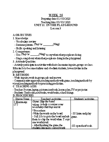Kế hoạch bài dạy Tiếng Anh 2 - Tuần 25 (GV: Nguyễn Thị Bé)