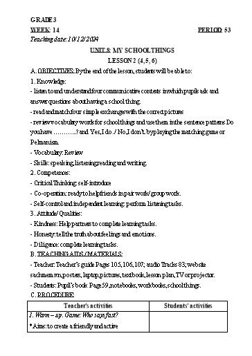 Kế hoạch bài dạy Tiếng Anh 3+4+5 - Tuần 14 Năm học 2024-2025 (Phan Thị Hồng Thắm)