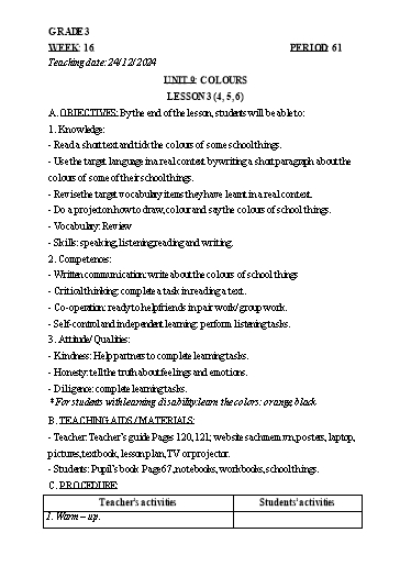 Kế hoạch bài dạy Tiếng Anh 3+4+5 - Tuần 16 Năm học 2024-2025 (Phan Thị Hồng Thắm)