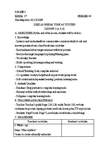 Kế hoạch bài dạy Tiếng Anh 3+4+5 - Tuần 17 Năm học 2024-2025 (Phan Thị Hồng Thắm)