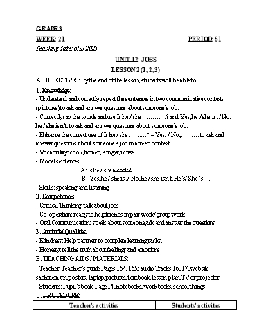 Kế hoạch bài dạy Tiếng Anh 3+4+5 - Tuần 21 Năm học 2024-2025 (Phan Thị Hồng Thắm)