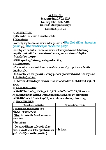 Kế hoạch bài dạy Tiếng Anh 5 - Tuần 23 (GV: Nguyễn Thị Bé)