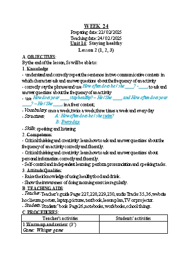 Kế hoạch bài dạy Tiếng Anh 5 - Tuần 24 (GV: Nguyễn Thị Bé)