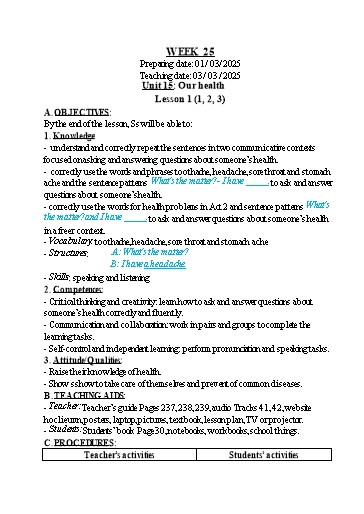 Kế hoạch bài dạy Tiếng Anh 5 - Tuần 25 (GV: Nguyễn Thị Bé)