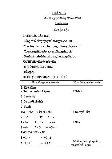 Kế hoạch bài dạy Toán 1 - Tuần 13: Luyện tập (NH 2024-2025)(GV: Lê Thị Hồng Xoan)