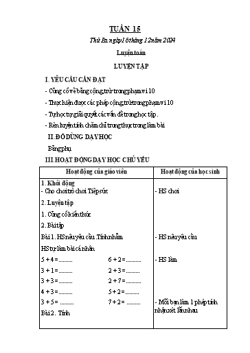 Kế hoạch bài dạy Toán 1 - Tuần 15: Luyện tập (NH 2024-2025)(GV: Lê Thị Hồng Xoan)