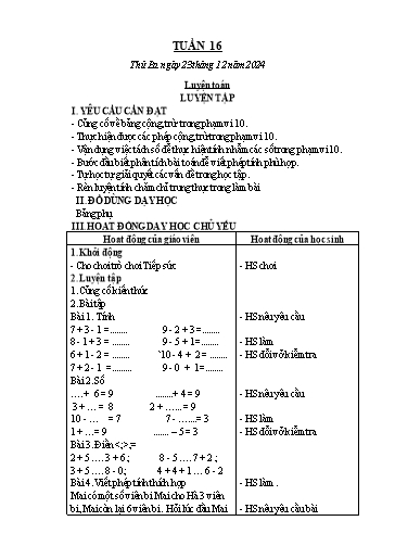 Kế hoạch bài dạy Toán 1 - Tuần 16: Luyện tập (NH 2024-2025)(GV: Lê Thị Hồng Xoan)