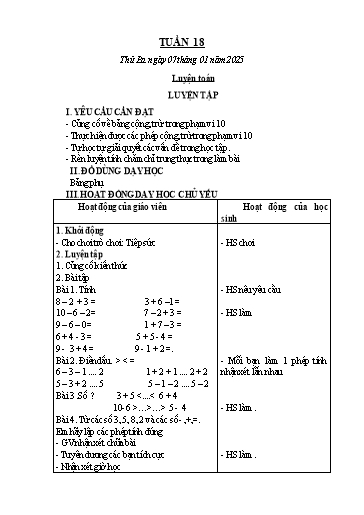 Kế hoạch bài dạy Toán 1 - Tuần 18: Luyện tập (NH 2024-2025)(GV: Lê Thị Hồng Xoan)