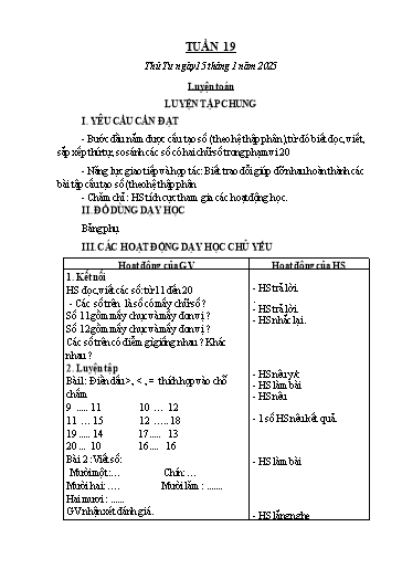 Kế hoạch bài dạy Toán 1 - Tuần 19: Luyện tập chung (NH 2024-2025)(GV: Lê Thị Hồng Xoan)