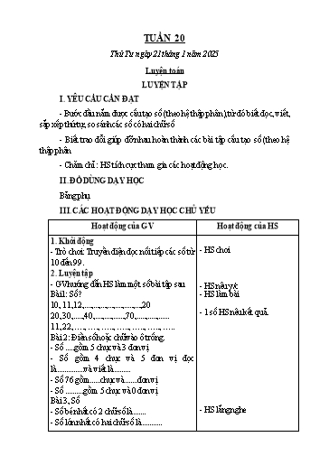 Kế hoạch bài dạy Toán 1 - Tuần 20: Luyện tập (NH 2024-2025)(GV: Lê Thị Hồng Xoan)