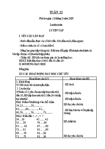 Kế hoạch bài dạy Toán 1 - Tuần 22: Luyện tập (NH 2024-2025)(GV: Lê Thị Hồng Xoan)