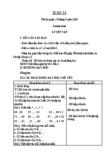 Kế hoạch bài dạy Toán 1 - Tuần 23: Luyện tập (NH 2024-2025)(GV: Lê Thị Hồng Xoan)