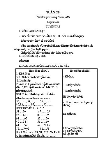 Kế hoạch bài dạy Toán 1 - Tuần 25: Luyện tập (NH 2024-2025)(GV: Lê Thị Hồng Xoan)