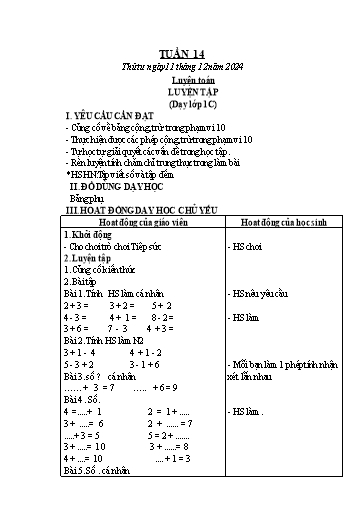Kế hoạch bài dạy Toán 1+2 - Tuần 14: Luyện tập (NH 2024-2025)(GV: Phạm Thị Kim Anh)