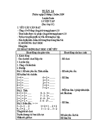 Kế hoạch bài dạy Toán 1+2 - Tuần 16: Luyện tập (NH 2024-2025)(GV: Phạm Thị Kim Anh)