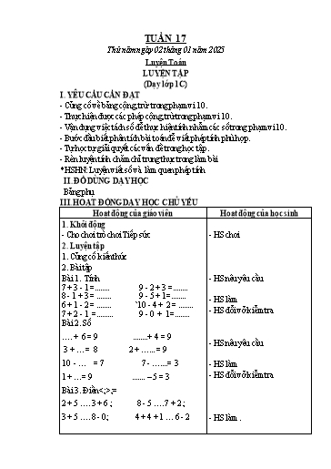 Kế hoạch bài dạy Toán 1+2 - Tuần 17: Luyện tập (NH 2024-2025)(GV: Phạm Thị Kim Anh)