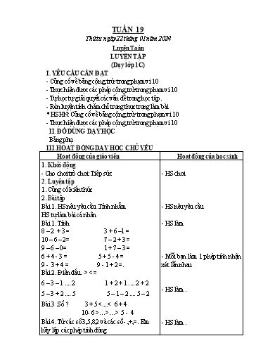 Kế hoạch bài dạy Toán 1+2 - Tuần 20: Luyện tập (NH 2024-2025)(GV: Phạm Thị Kim Anh)