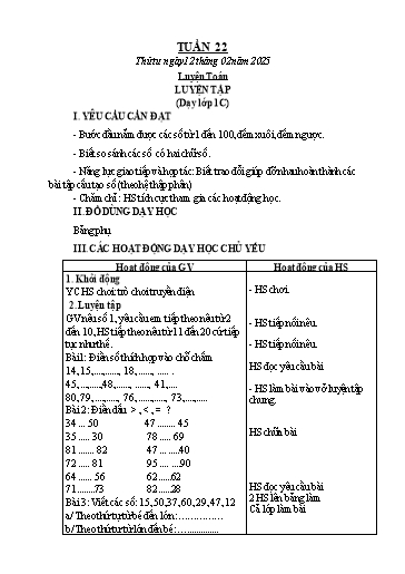 Kế hoạch bài dạy Toán 1+2 - Tuần 22: Luyện tập (NH 2024-2025)(GV: Phạm Thị Kim Anh)